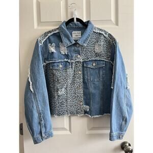 WHITE BIRCH Women's Cheetah Print Distressed Boho Western Denim Jean Jacket XL